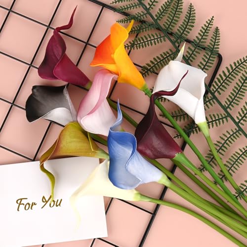 M METERXITY 10-Pack Black Artificial Calla Lily Flowers,14 Inch Faux Calla Lily PU Bouquets Real Touch Faux Flowers for Home/Wedding/Christmas/Party - color: Black