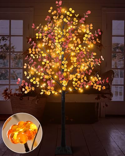 Uieke 6FT 96LED Lighted Thanksgiving Eucalyptus Tree Artificial Tree with 24PCS Pumpkin Lights 8 Modes Thanksgiving Fall Decorations for Home Autumn Decor Indoor Outdoor - style: 6FT Fall Tree(1Pack)
