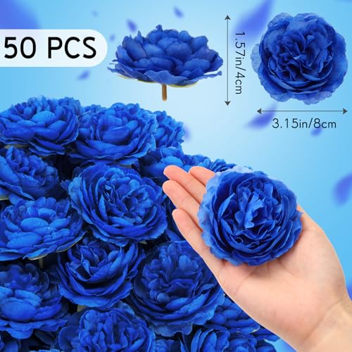 Thiccywoov 50 Pcs Artificial Flowers, 3.2 Inches Silk Rose Head Flowers Fake No Stem for Wedding Bridal Bouquet Home Floral Decor DIY Centerpieces Arrangements Party Tables Decoration(Blue) - color: Blue