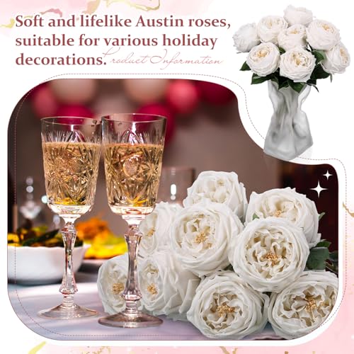 Daifunli 10pcs Real Lifelike Peonies Artificial Flowers, Faux Austin Rose with Long Stem Look Real Fake Flower for Christmas Valentines Arrangement Wedding Party Home Kitchen Decor(White) - color: White