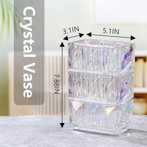 Iridescent Crystal Flower Vase Heavyweight Glass Centerpiece Holographic Colorful Vases for Living Room Trendy Home Decor Scratch Resistant 5.1x3.11x7.88 in 1 Pc - color: Clear Iridescent