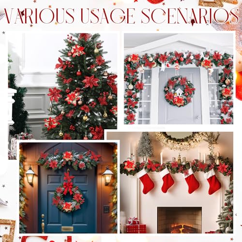 Thiccywoov 122 Pcs Christmas Glitter Poinsettia Artificial Flowers Berry Picks Butterfly Christmas Tree Ornaments 3 Styles Poinsettia kit with Clip for Xmas Wreath Home Tree Decor(Red) - color: Red