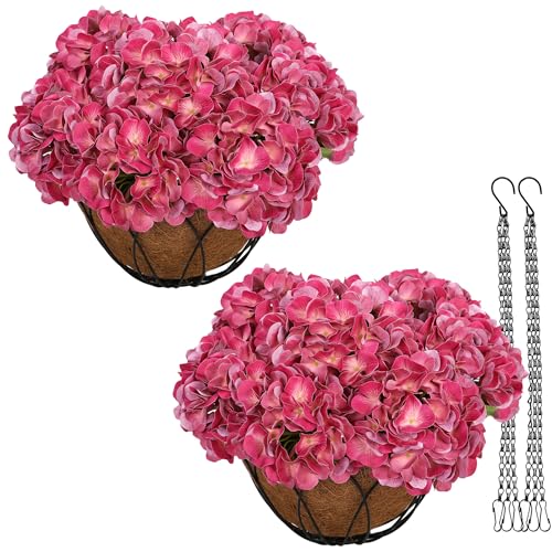 Bellacat Real Touch Faux Hydrangea Flowers with 11" Hanging Basket, Fake Hanging Hydrangea Flowers with Realistic Flowers, Artificial Hanging Flowers for Outdoors Porch Patio Balcony (Rose Red, 2Pack) - color: Rose Red