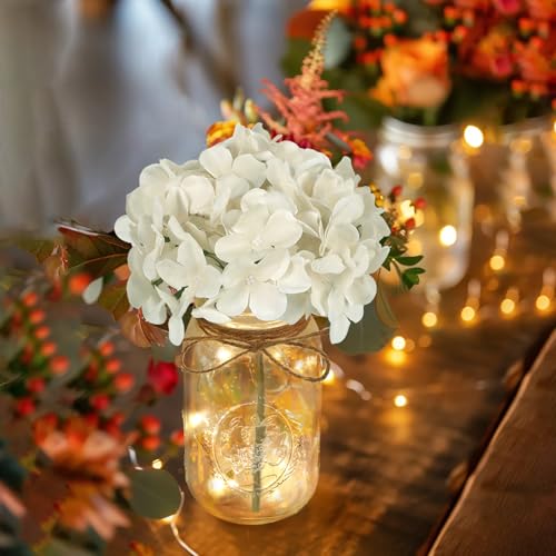 Set of 3 Mason Jar with Lights White Hydrangea Decorative Jars Flower Vase Farmhouse Table Centerpiece for Home Wedding Event Party Decor - color: Jar-white Hydrangea