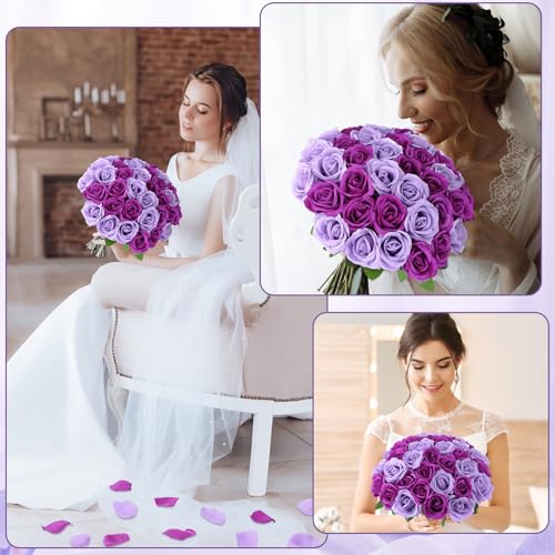 36 Pcs Lilac, Purple Artificial Roses with Long Stems, Fake Silk Rose Artificial Flowers Bulk for Bridal Wedding Bouquet Centerpiece Ball Arrangement Party Decor - color: Lilac, Purple