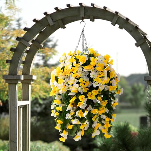INQCMY Artificial Hanging Flowers Basket for Outdoor Outside Spring Decoration,Faux Silk Begonia in Planter Look Real UV Resistant for Porch Home Patio Garden Yard Decor - color: Yellow White