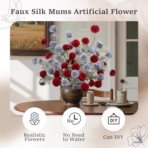 INQCMY Artificial Flowers 12 Pcs Fake Chrysanthemums Faux Kiku Flower Long Stem 20" Realistic Silk Pompon Mums for Vase Wedding Bouquets Centerpieces Home Decor (Red Haze Blue) - color: Red Haze Blue