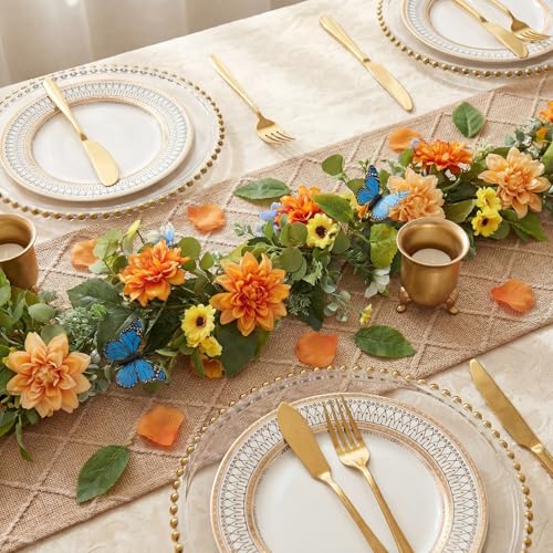 Giegxin 1 Pack 6 ft Artificial Flower Garland Flower with Dahlia and Daisy Yellow Fake Butterflies Wisteria Vines Summer Greenery Eucalyptus Garland for Wedding Mantle Porch Stair Table Indoor Decor - style: Dahlia,Daisy Flower,Butterflies