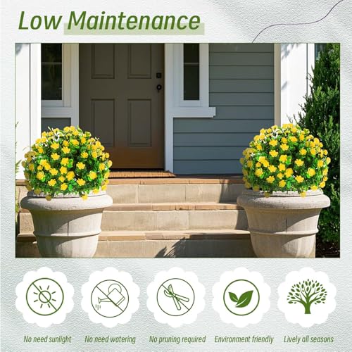 Yunlly Set of 6 Artificial Boxwood Topiary Ball Tree 16 Inch Outdoor Topiary Tree with Flower Fake Bushes, UV Resistance Faux Shrubs Evergreen Plant with Spike for Front Porch Indoor Decor (Yellow) - color: Yellow