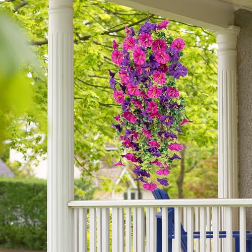 4PCs Hanging Morning Glory UV Resistant Artificial Outdoor Flowers,Faux Flowers for Planters,Hyeflora Cascading Plants Garden,Wedding,Patio,Home Decor,Porch,Yard(Purple Red,2 Bunches/4Pcs) - color: Purple Red, size: 2 Bunches/ 4Pcs