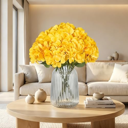 2Bouquets Artificial Fake Flowers Silk Hydrangea Arrangements Wedding Bouquets Decorations Plastic Floral Home Kitchen Garden Party Festival Bar DIY(Yellow,5 Flower Heads) - color: Yellow，5 Flower Heads