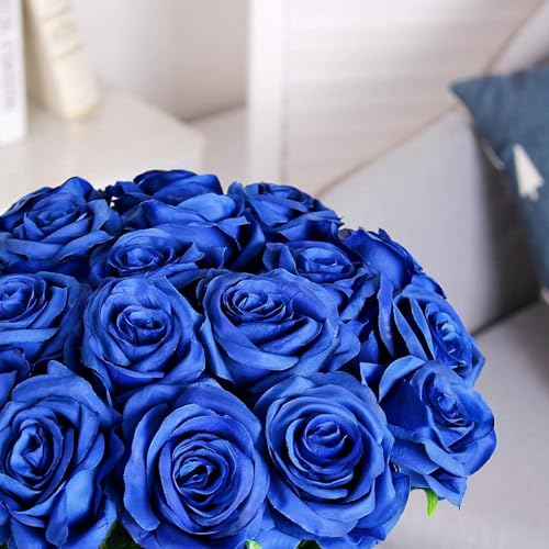 Blue Fake Roses Artificial Flowers - 16 Pcs Fake Artificial Roses Silk Flowers with Stems for Home Wedding Hotel Office Centerpiece Decor - color: Blue, size: 16 Pcs