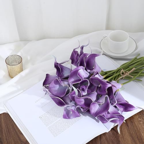 24 Pcs Purple Artificial Calla Lily Flowers Fake Purple Silk Flowers Real Touch for Wedding Bouquet Office Home Kitchen Decor - color: Purple