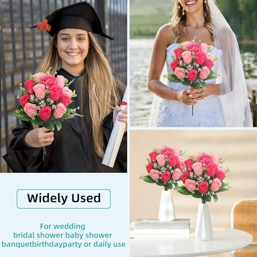 Artificial Rose Bouquets Fake Roses Flowers Set of 4 Realistic Silk Flowers for Cemetery Headstone Home Wedding Decoration UV Resistant No-Fading(Pink) - color: Pink