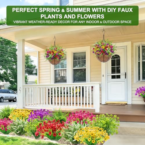 16 Bundles 7 Styles Artificial Flowers for Outdoors, UV Resistant No Fade Fake Plants Outdoor Faux Flowers Plant Silk Daisy Boston Fern Lavender Flowers for Cemetery Outside Planters Porch Patio Home