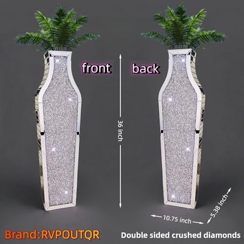 36" Extra Large Double Sided Crushed Diamond Vases, Extra Tall Mirrored Sliver Vase,Floor Vases Decorative Tall, Large Decorative Vase for Home,Office,Hotel Decor(10.6" L x5.37 W x 36" H) - size: 10.6" L x 5.37" W x 36" H
