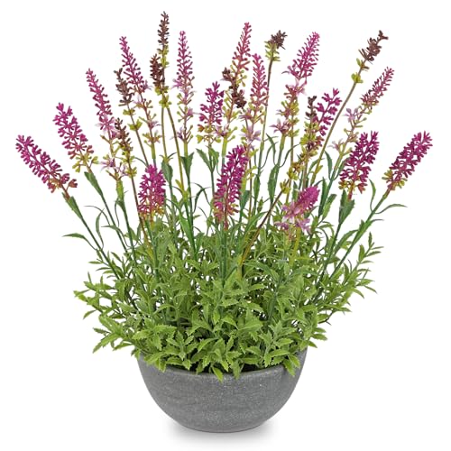 Artificial Lavender Flowers with Cement Pot - 12.9" Fake Lavender Flower Rustic Arrangement Purple-Red Artificial Potted Faux Plants for Indoor Farmhouse Table Wedding Centerpieces Office Home Decor - color: Purple-red