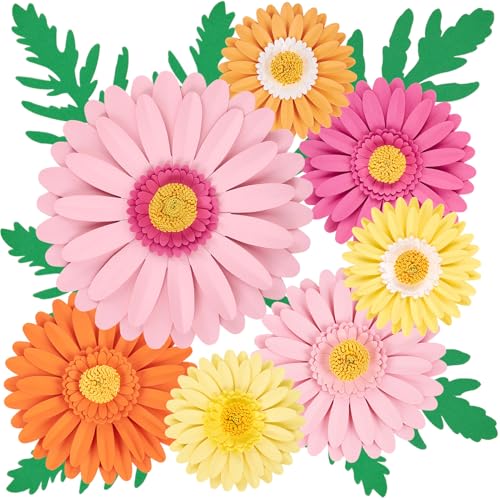 SUNBEAUTY Large Paper Flower Decoration for Wall 3D Large Paper Flower Pink Orange Daisy with Green Leaves Artificial Flower Wall Hanging for Classroom Bulletin Board Office Garden Tea Party Birthday - color: Daisy Flower-pink,orange