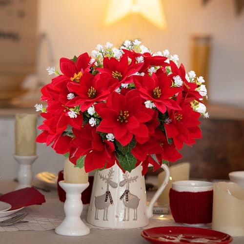 14'' Artificial Poinsettias Flowers for Outdoor,12 Bunches Mixed Fake Red Flowers Faux Eucalyptus Plants UV-Resistant for Home Garden Porch Christmas Winter Spring Outdoor Indoor Decor