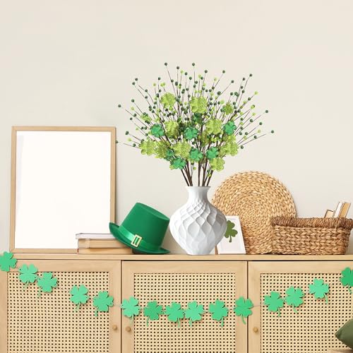 Sggvecsy St.Patrick's Day 6 Pcs Glitter Shamrock Berry Stems Artificial Foam Shamrock Picks Green Yellow Berry Branches for Irish St.Patrick's Day Arrangement Centerpiece Home Vase Decor - color: Green
