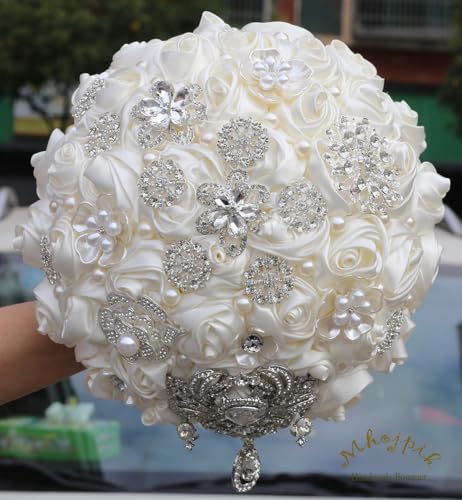 Bridal Wedding Bouquet Round Bling Brooch Bouquet Artificial Rose Flower Bunch for Bride Bridesmaid Wedding Quinceanera(Ivory, 9.8") - color: Ivory*, size: Large (Dia. 9.8"/25cm)