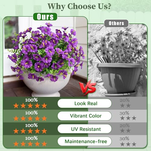 MARTINE MALL 12 Bundles Look Real Artificial Flowers for Outdoors, Realistic Fake Outdoor Flowers, UV Resistant Silk Petunia Flowers for Outside Faux Flowers Plants for Outdoor Porch, Purple - color: Purple, size: 12 Bundles