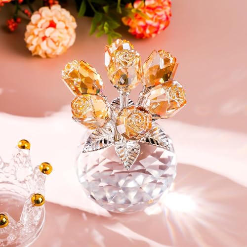Movdyka Red Rose Flower Crystal Figurine - Bouquet Flowers Ornament Gifts for Wife Girlfriend Women - Handmade Crystal Flower Collectible Home Table Decor for Valentine's Day Wedding Anniversary - color: Champagne -Crystal Rose