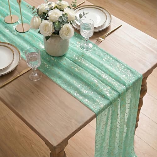 Artoid Mode Turquoise Gauze Silver Table Runner 10FT, Glitter Metallic Foil Sheer Dining Wedding Anniversary Holiday Table Decor for Home Party - color: Turquoise, size: 28" x 120"