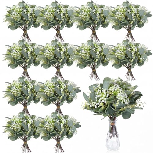 Hotop 100 Pcs Mixed Eucalyptus Leaves Stems Bulk Artificial Silver Dollar Greenery for Bouquet Faux Plant Branches for Wedding Bridal Bouquets Vase Floral Arrangement Home Decor