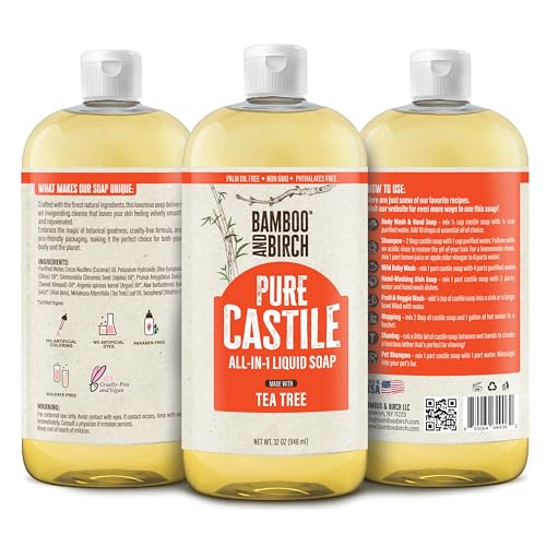 BAMBOO AND BIRCH Pure Castile Soap Liquid, Tea Tree, 32 oz | Certified Palm Oil Free, Natural Soap