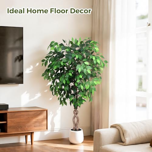 Jocoevol 5FT Artificial Ficus Tree, Tall Faux Trees Indoor with White Planter, Dried Moss, Natural Silk Leaves & Trunk, Fake Plants for Home Living Room Office Corner Decor Housewarming Gift - color: Green, size: 5ft