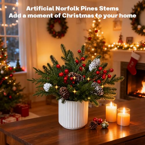13 Inch Artificial Norfolk Pine Branches with Red Berry in a White Ceramic Pot,Christmas Greenery with Lights Pine Cones for Xmas Kitchen Living Room Tabletop Decor (40 Pcs) - color: Ceramic Pot&norfolk Pine