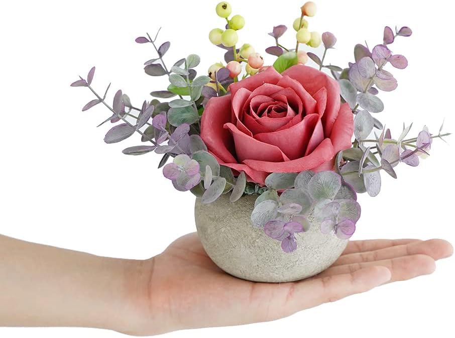 Small Artificial 2pcs Pink Rose Potted Plant, 6" Fake Silk Flowers in 3.5" Round Pot, Mini Faux Floral Arrangement for Desk Shelf Bathroom Decor - color: 2pcs Pink