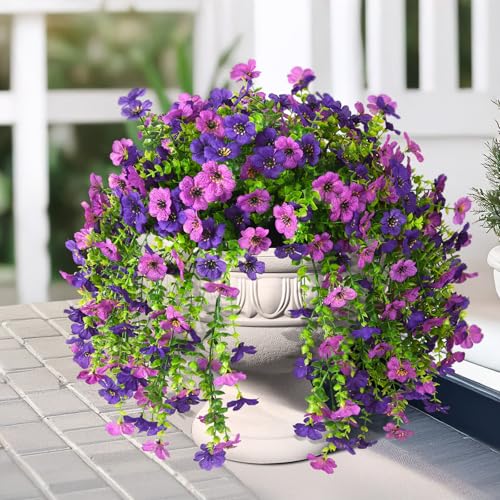 INQCMY 2Pcs Artificial Fake Hanging Flowers for Outdoors UV Resistant Artificial Plants for Spring Summer Decor Look Real Faux Flowers for Outside Home Planter Porch Patio Decor - color: Purple1