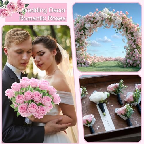 12Pcs Pink Roses Artificial Flowers Fake Roses Faux Velvet Silk Flower for Home Wedding Decoration (Pearl Rose, Gradient Pink) - color: Pearl Roses - Pink 12p