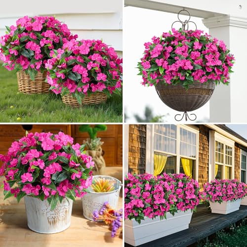 Ouddy Decor 6 Bundles Artificial Impatiens Flowers for Outdoors Decoration, Silk Flowers Bouquet Fake Plants UV Resistant for Spring Summer Garden Porch Window Box Balcony Home Decor, Pink - color: Pink