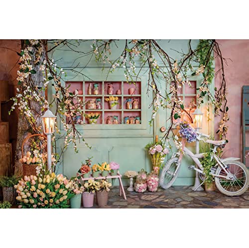 Renaiss 10x7ft Flower Shop Backdrop for Photoshoot Kids Adults Portrait Bicycle Blossom Branches Tulip Pink Green Florist Photography Background Baby Shower Wedding Bday Party Decors Photo Booth Props - size: 10x7ft