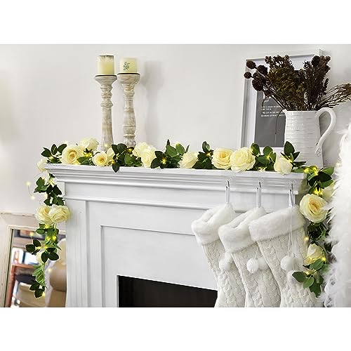 FiveSeasonStuff Product Image 29 Ft 4 Pack Cream White Rose Silk Flower Garland Artificial Flowers Decoration Hanging Floral with 66 feet String Lights - color: Cream White With String Lights