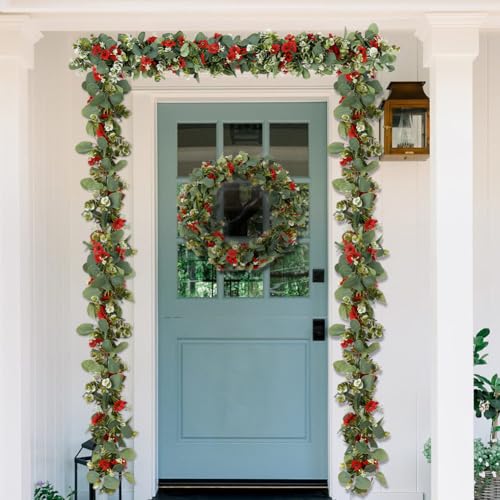 2Pack Eucalyptus Flower Garland with Violet 5.9Ft Artificial Ivy Greenery Hanging Vine Fake Ivy Floral Plants Garland for Wedding Outdoor Garden Party Background Table Runner, Total 11.8Ft, Red - color: Red Violet