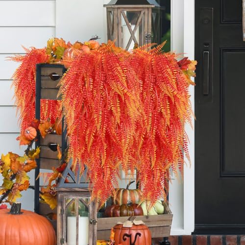 RECUTMS Artificial Hanging Plants 4Pcs Fake Boston Fern Real Touch Faux Greenery Leaves UV Resistant Plastic Ivy Vines for Patio Wall Home Garden Wedding Indoor Outdoor Decor (A-Gold) - color: Fall