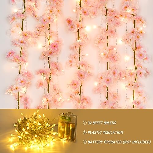 Sunm Boutique Cherry Blossom Garland 4-Pack 23.6 Ft Cherry Blossom Hanging Vine with 32.8 Ft Long 80 LED String Lights Silk Sakura Vines Garland for Wedding Party Decor, Pink - color: Pink With Light, size: Pack of 4