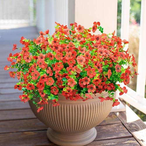 Artificial Fake Mums Plants Flowers for Outdoor Outside Fall Autumn, 12 Bundles Faux Silk Red Daisy UV Sun Resistant Look Real for Porch Patio Home Window Box Yard Planter - color: Red