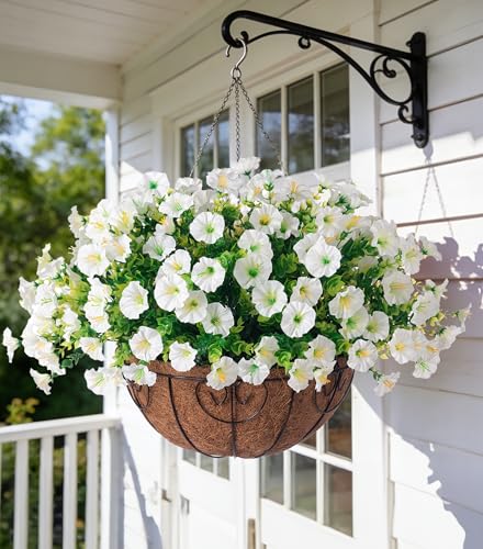 Ivydale Artificial Fake Hanging Flowers Plants Baskets for Outdoor Spring Summer Decoration, Faux Silk White Morning Glory Look Real UV Resistant for Outside Porch Patio Balcony Yard Front Door Garden - color: White