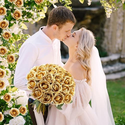 Thiccywoov 30 Pcs Rose Artificial Flowers in Bulk Lifelike Long Stem Silk Roses Bouquets Realistic Faux Flowers for Wedding Bridal Shower Home Decor Floral Arrangements Table Centerpiece(Gold) - color: Gold