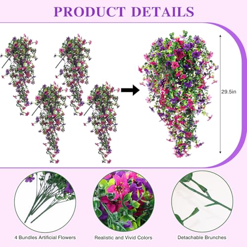 CEWOR 4pcs Artificial Hanging Plants for Outdoor, Fake Flowers Faux Silk Daisy with Eucalyptus, UV Resistant Realistic Faux Flower Greenery for Outside Indoor Home Porch Patio Decor, Purple - color: Purple Daisy