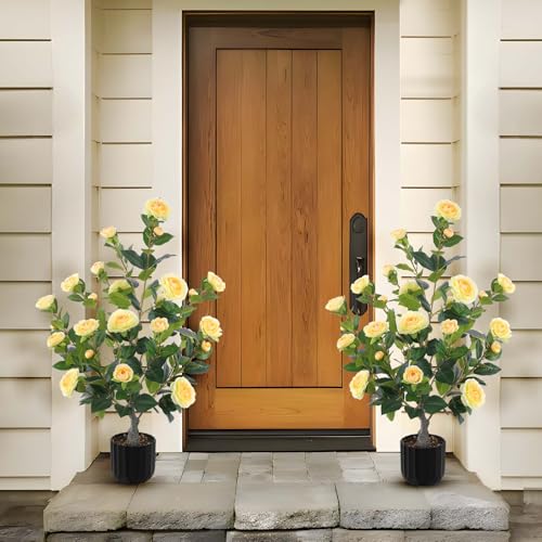 Hananona 2 Pcs Artificial Camellia Trees Faux Camellia Plant in Pot with Flowers Indoor Plants for Spring Home Decor Outdoor Porch Front Door Decor (Yellow, M) - color: Yellow