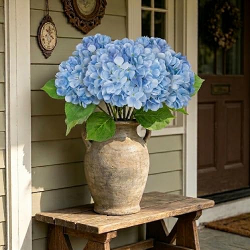 Oairse 3Pcs Blue Hydrangea Artificial Flowers 19.7 in Real Touch Faux Hydrangea Stems Silk Flowers with Stems Fake Blue Flowers Bouquet for Floral Arrangements Table Centerpieces Wedding Home Decor - color: Blue