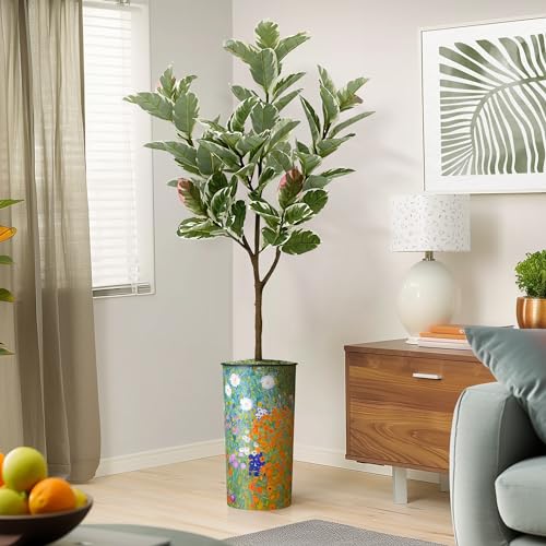 Artificial Tree in Colorful Flower Pattern Planter, Fake Rubber Silk Tree for Indoor and Outdoor Home Decoration - 70" Overall Tall (Plant Pot Plus Tree) - style: Rubber
