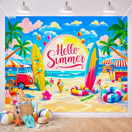 BlissYard Hello Summer Beach Backdrop 8x6ft Tropical Ocean Party Background Surfboard Palm Tree Seaside Scene for Birthday Pool Party Luau Event Coastal Summer Decoration Photo Booth Banner - color: Summer Beach#05