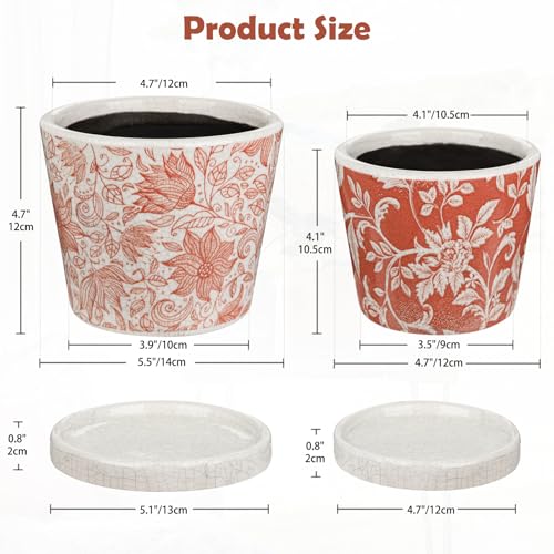 Set of 2 Ceramic Pink Orange Plant Pots with Drainage Hole and Saucers, Vintage Farmhouse Accent Planters for Indoor Plants, Round Flower Pots Rustic Succulent Pot Terracotta Tubs 5.7/4.7 Inch - color: Terracotta White